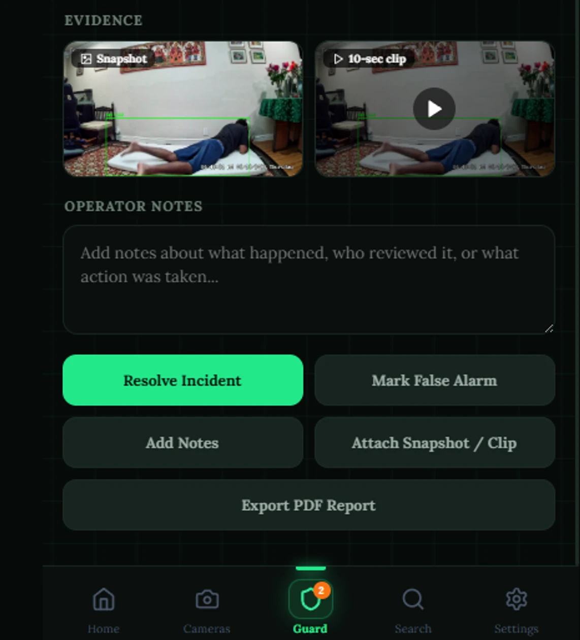 The Nexovia app incident view — snapshot and ten-second clip already captured, a notes field, and buttons to resolve the incident, mark a false alarm, or export a PDF report