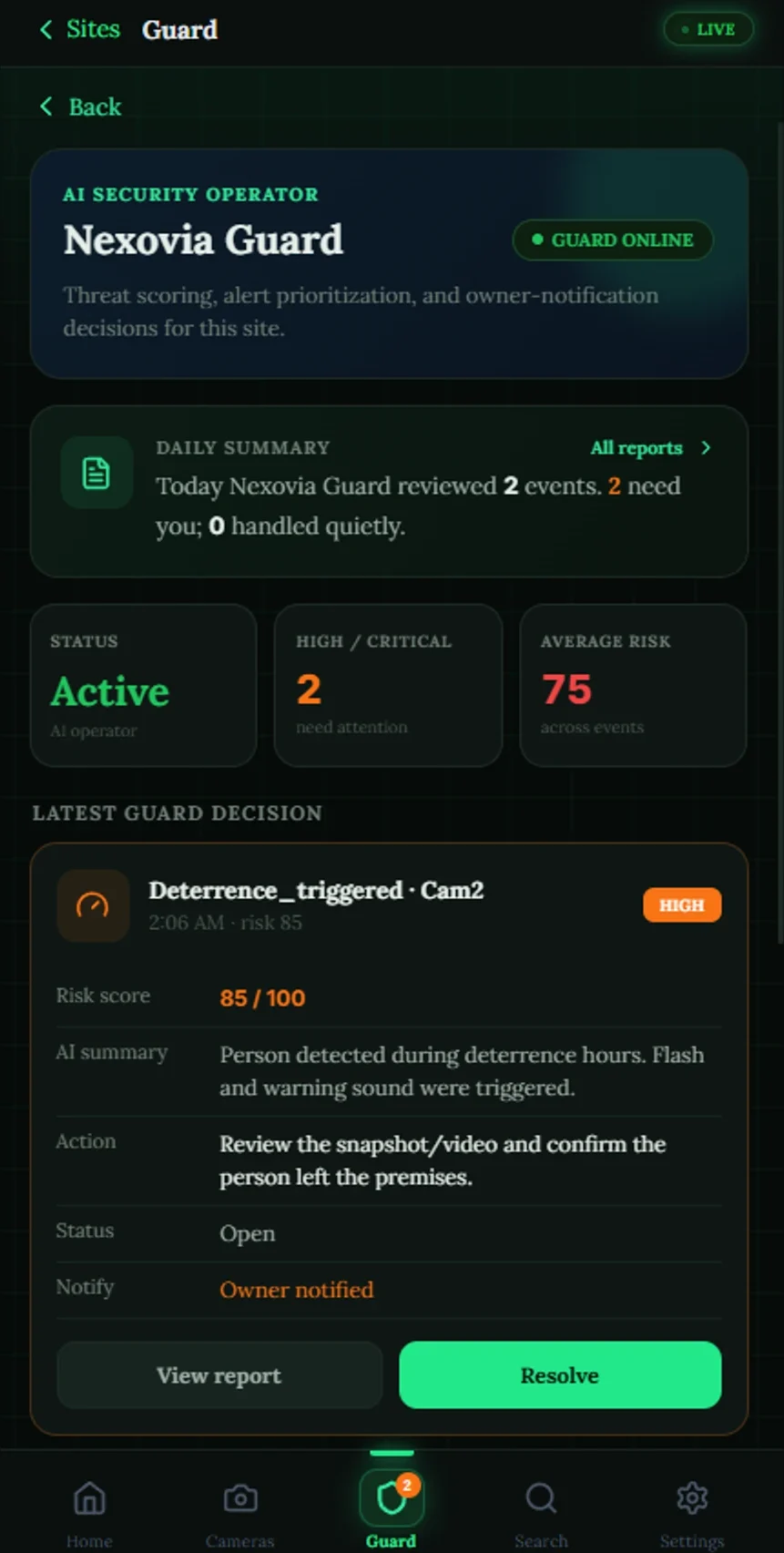 The Nexovia app on a phone — Guard online, today's summary reading two events reviewed and two needing attention, with the latest decision at risk 85 and the owner already notified