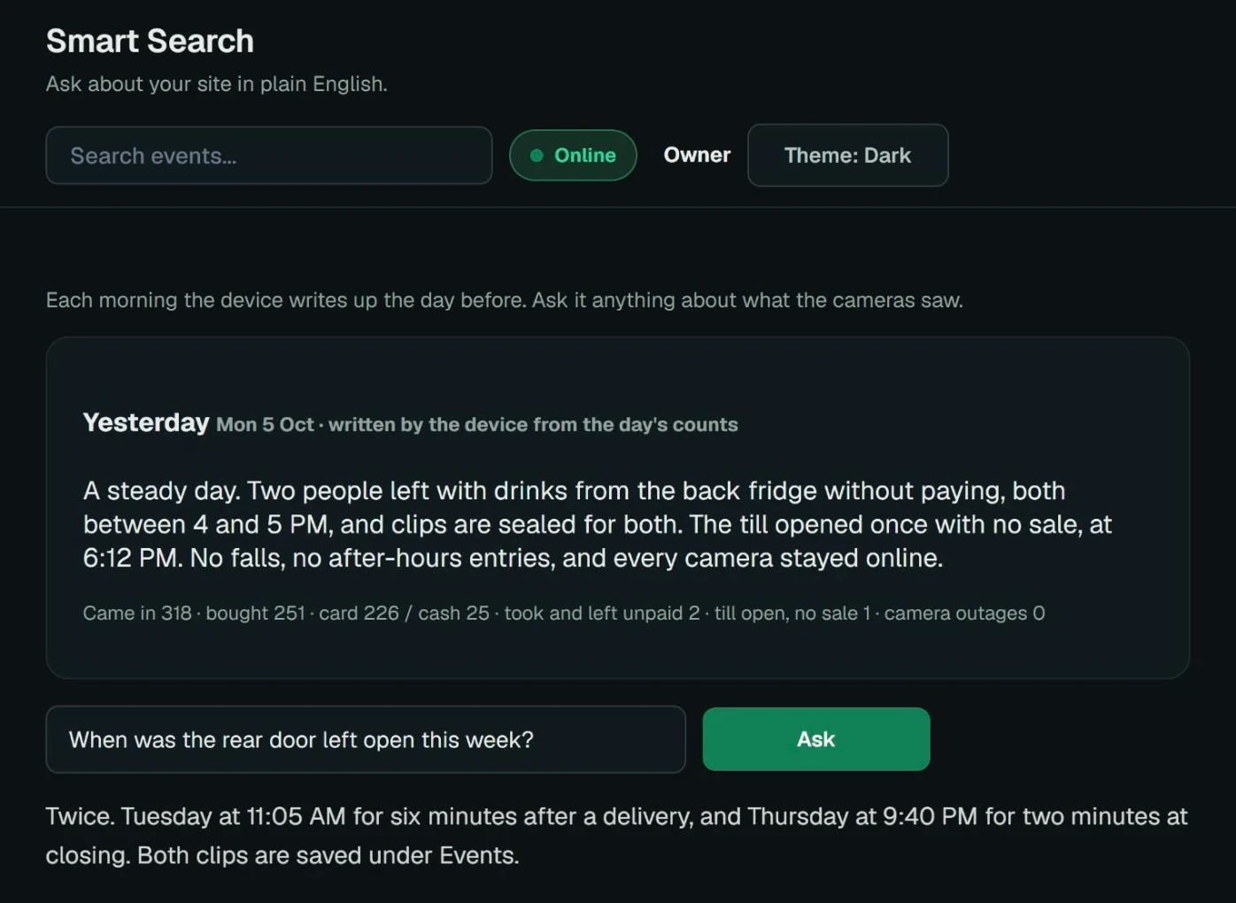 Nexovia Smart Search, shown with sample data — a plain-English write-up of yesterday, and the question "When was the rear door left open this week?" answered with two times and where the clips are